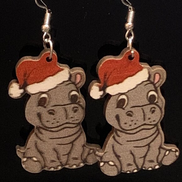 Hippo Earrings, Santa Earrings, Christmas Earrings, Gift Idea, Silly Earrings - Picture 1 of 4